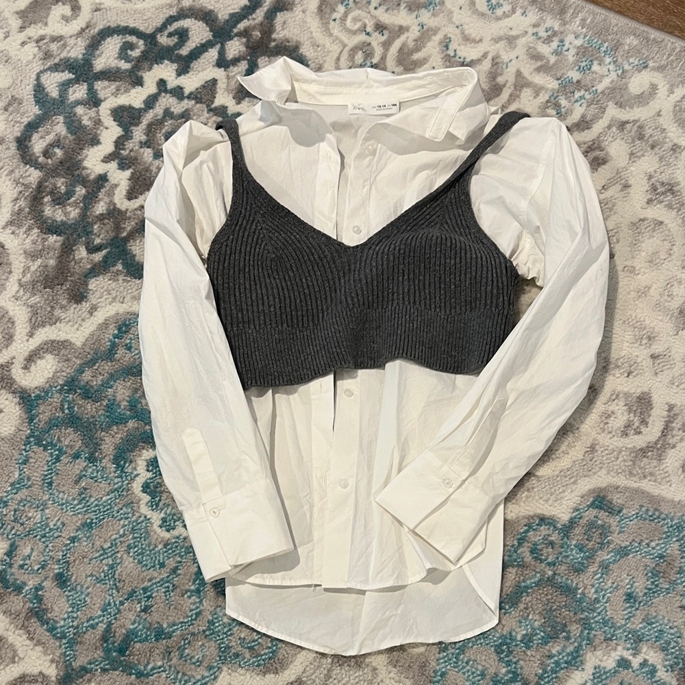 Zara White Button Down Shirt with Gray Knit Overlay